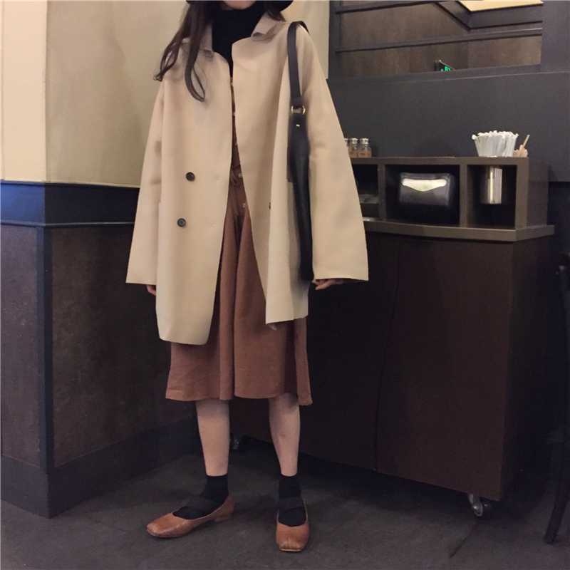

Women Autumn Winter Double Breasted Loose Woolen Coat Jacket Female Plus Size Long Sleeve Pocket Overcoat Manteau Femme Hiver, Beige