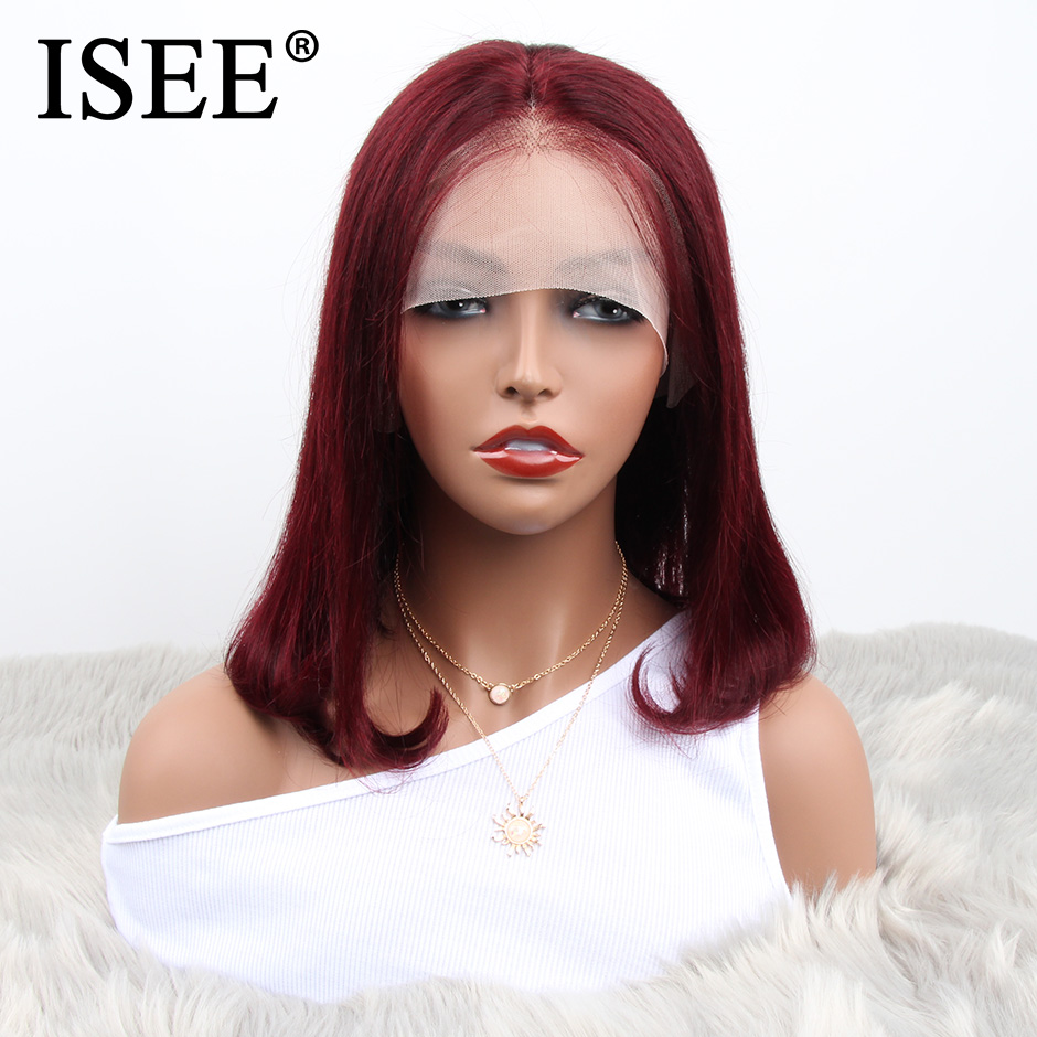 

99J Straight Bob Wigs For Women Remy 150% Density Short Lace Front Human Hair Wigs ISEE Peruvian Straight 99j Lace Front Wig, Burgundy