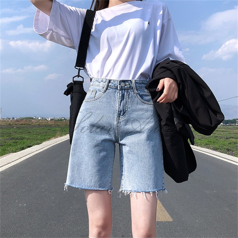 

Free Shipping 2020 Women's Summer New Loose Denim Shorts Riding Knee-Length, Black