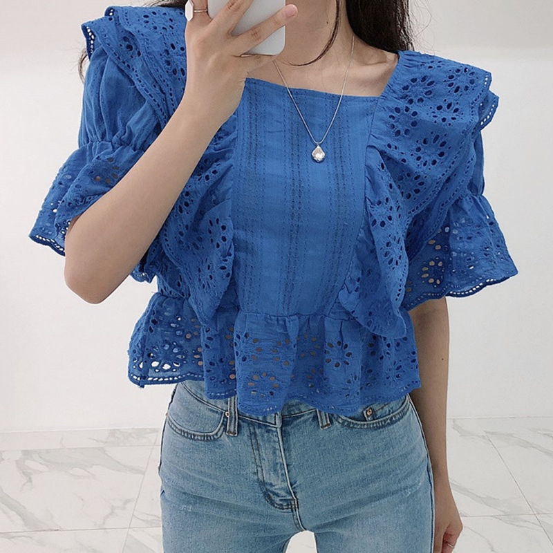 

South Korea Chic Wild Recipients Heavy Lace Crochet Hollow Ruffled Short Flared Sleeve Shirt Female, Blue