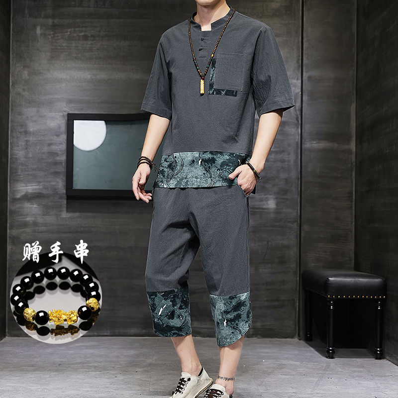 

Light Suit Men's Casual Style Cotton Suit Short Sleeve Sports Male Korean Version Fashion Loose and Plus-sized