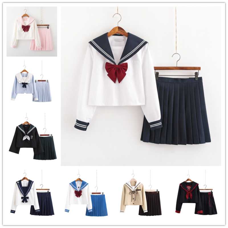 

Women clothing jk uniform spring black adult Sailor suit girl kawaii bow-knot long sleeve Top skirt Japanese Uniforms 2 piece