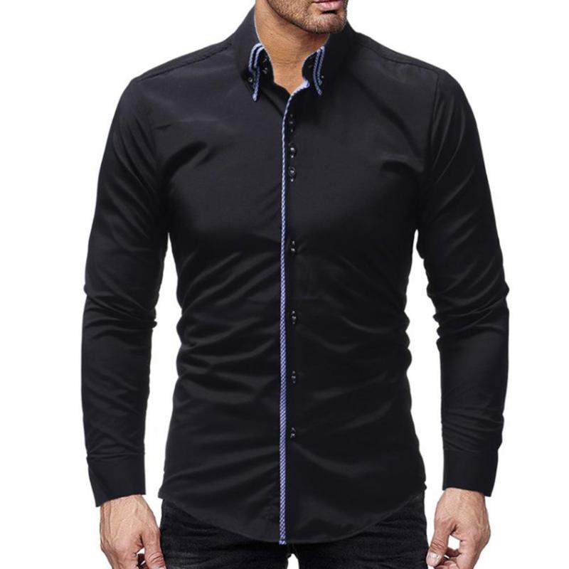 

Men Solid Color Long Sleeve Turn Down Collar Dress Shirts Cotton Slim Quality Men Casual Shirt Male Social Business, White