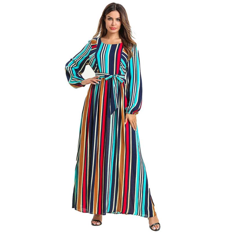 

Musulman Muslim Dress Women Multicolor Striped Big Swing Dresses Turkey Dubai Arab Abaya Hijab Dress Jubah Robe Islamic Clothes