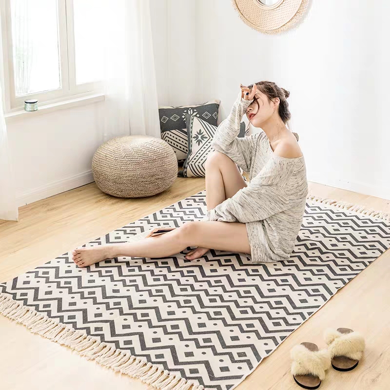 

All math beige color vintage cotton are rug , Ins popular decoration bedside carpet, Nordic coffee table floor mat, 02mix as picture