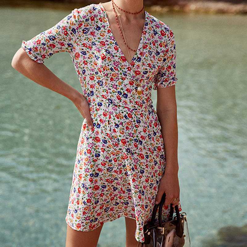 

Summer beach print woman dress V-neck high waist lace dating print short sleeve mini party casual French brand dress, Dr19959