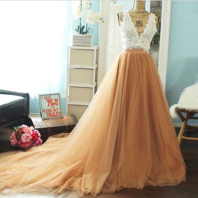 

2020 Hot Long Tulle Tutu Long Skirt Sweep Train Elegant Womens Maxi Skirts faldas Zipper Waistline Formal Prom Party Skirt, Khaki