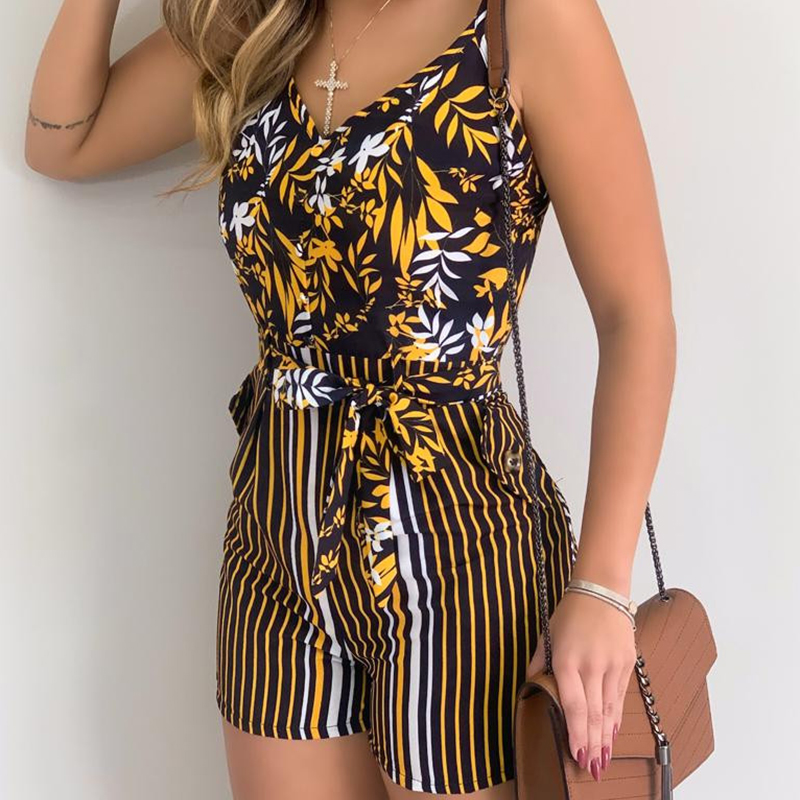 

Floral Print Lace Up Front Spaghetti Strap Rompers Women Playsuit Casual Summer One Piece Overalls, Orange