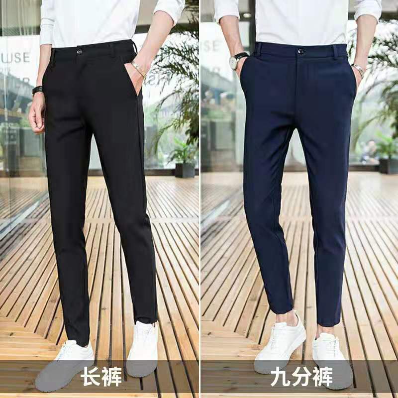 

Spring /Summer Men's Pants Stretch Male Pencil Pants Capri-Pants Long Trousers Black Blue Korean Fashion Casual Suit, Ankle-length-2