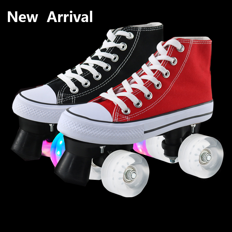 

Double Row Pulley Canvas Four-Wheel Roller Skating Men and Women Flash patins Skating Rollers Patines De 4 Ruedas, Black wheel