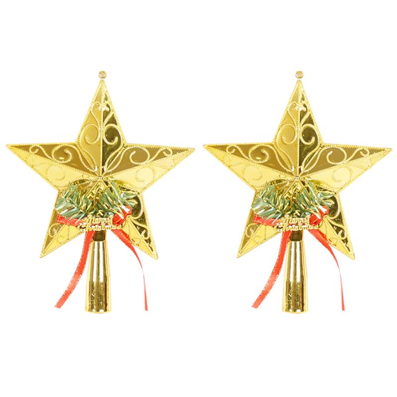 

2pcs Golden Christmas Tree Topper Star Pentagram Treetop Decor Christmas Tree Plastic Ornament Party Supplies