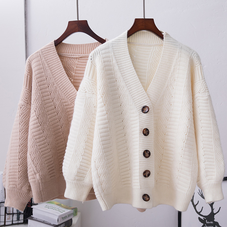 

V-neck Sweater Women's New Korean of White Loose Large Size Lazy Wind Cardigan Knitting Tops CX200801, Khaki sweater