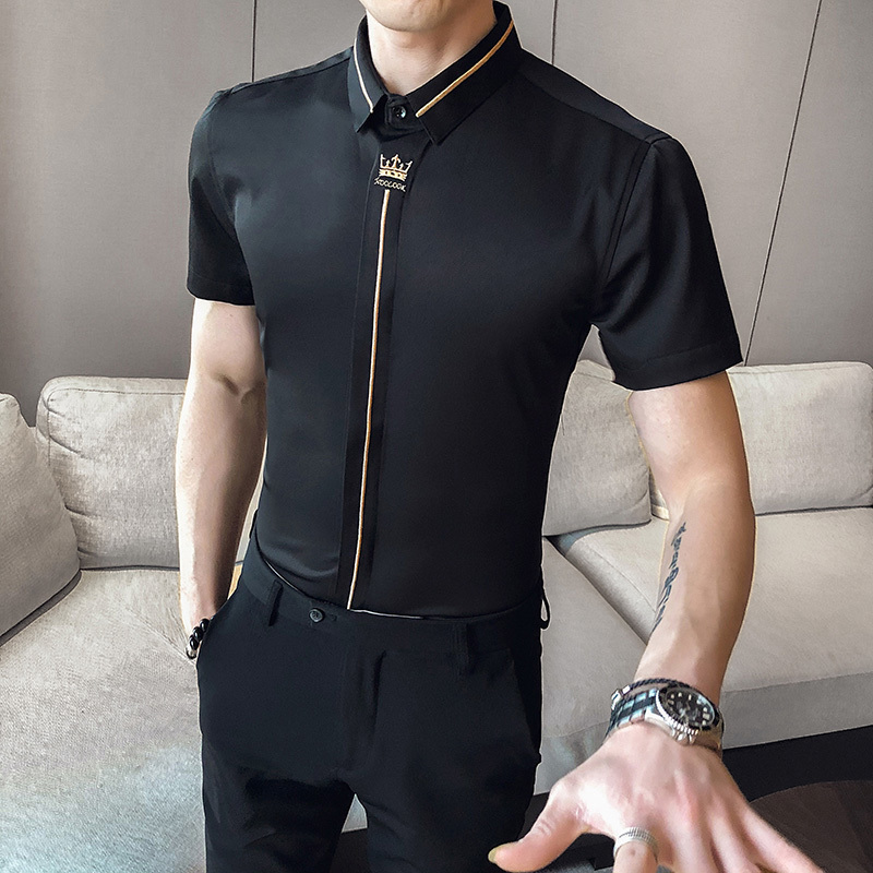 

Social Crown Embroidered Tuxedo Dress Shirt Tide S-5XL Summer Korean Men's Shirt Casual Slim Fit Short Sleeve Streetwear, Black