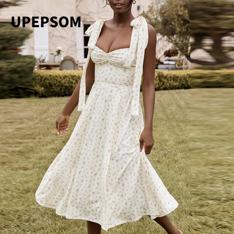 

UPEPSOM 2020 Low Cut Printed Midi Dresses Women Side Split Long Party Dresses Bowknot Spaghetti Strap Bodycon Dress Vestidos, Yellow