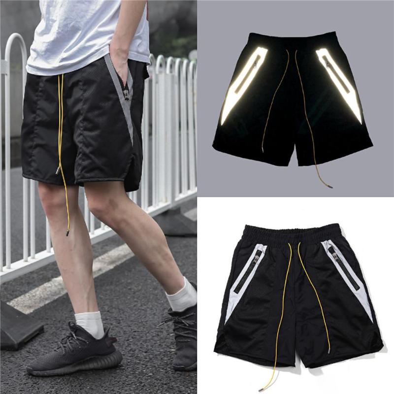 

Men Ins High Street Hip-hop Fashion Loose Straight Shorts Summer Shorts Double Reflective Fashion Brand Sports Pants Gym, Black