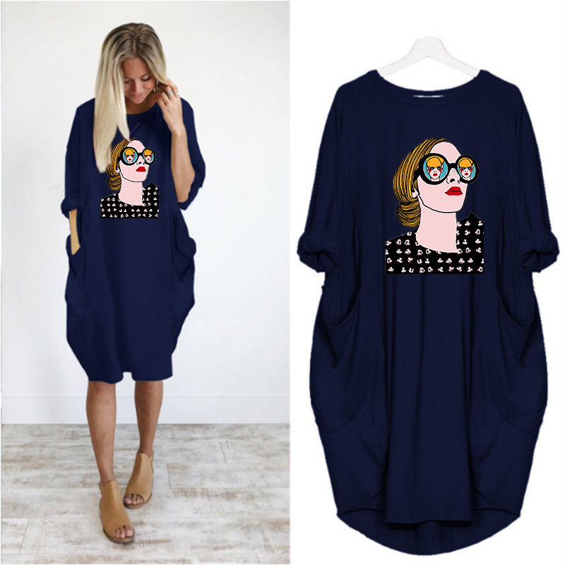 

Women' DIY Dress 2020 Fashion Summer Autumn New Trend Printing Women' Long-sleeved T-shirt Large Size Loose Casual Skirt -5XL, Black