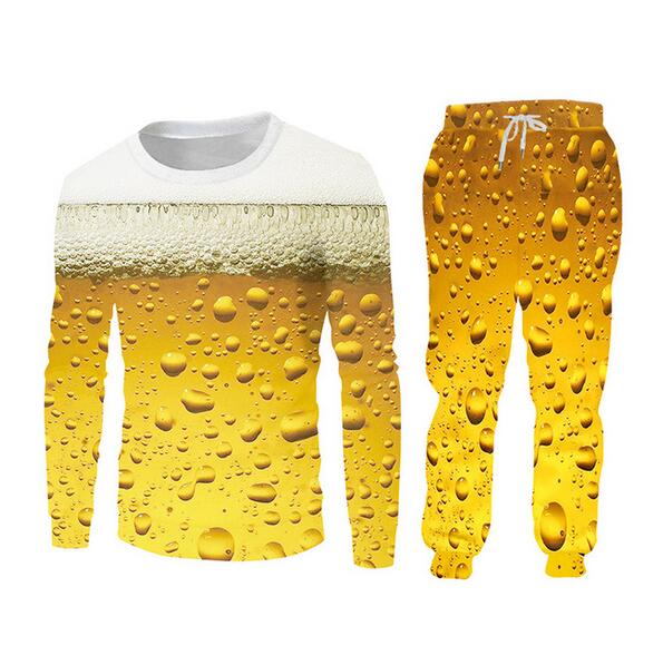 

New Men Womens Unisex Couple beer 3d Print Crewneck Sweatshirt +pants Autumn Winter tracksuit, As shown