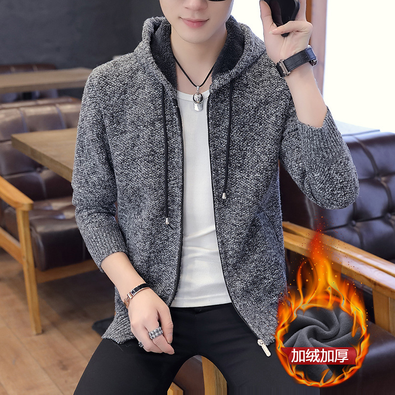 

Thick Velvet Sweater Jacket Men 2020 Winter Warm Mens Hooded Knitted Cardigan Sweaters Casual Slim Fit Wool Knitwear Pull Homme, Blue