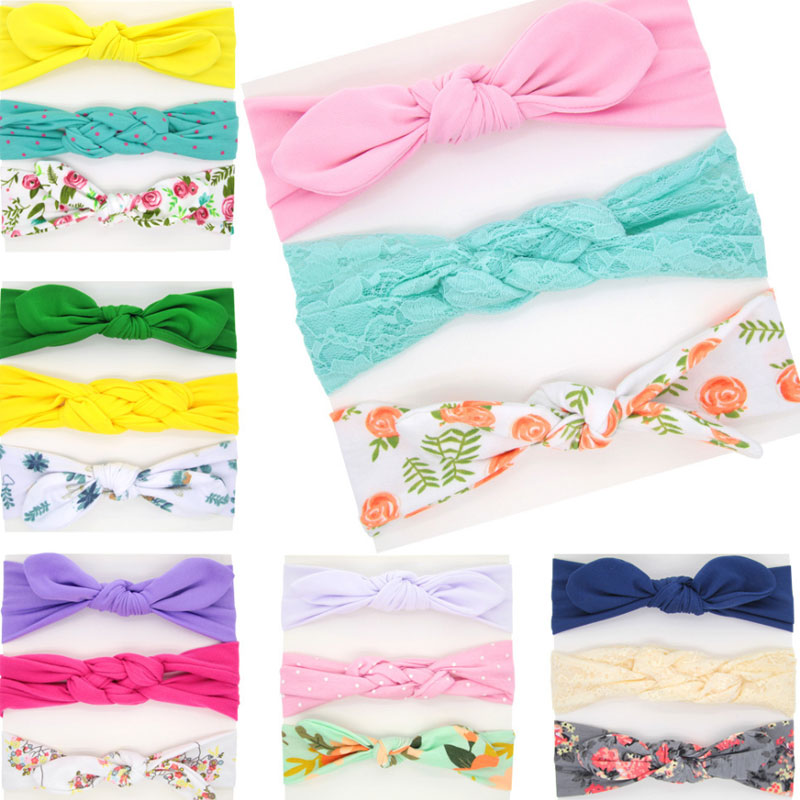 

3pcs set Baby Headbands Lace dot Cartoon hairbands Ear Turban bow Elastic Hair Bands Kids Hair Accessories