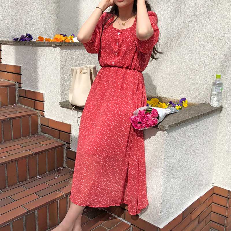 

XHKLD Vintage Square Collar Dot Print Women A-line Dress Short Sleeve Summer Chiffon Female Holiday Beach Dress Femme Vestidos, Red