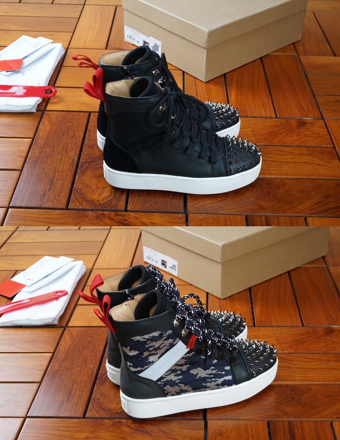 

Top Quality Pairs Designer Red Bottoms Mens Running Shoes Boots Luxury Man Spike Red Bottom Outdoor Trainers High Top Sneakers Size Eu38-46, Black