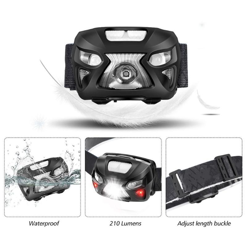 

LED Headlamp USB Rechargeable Sensor Warning Red Light Waterproof for Fishing EDF88, Black