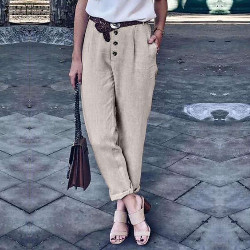 

2020 ZANZEA Women Harem Pants Solid Cotton Linen Trousers Casual Loose Turnip Pants Femme Robe Long Pantalon Pencil, Beige