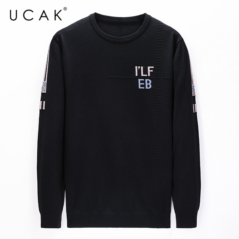 

UCAK Brand 2020 NEW Fashion Style Autumn Winter Casual O-Neck Sweaters Mens Clothes Pull Homme Streetwear Letter Sweater U1102, Black
