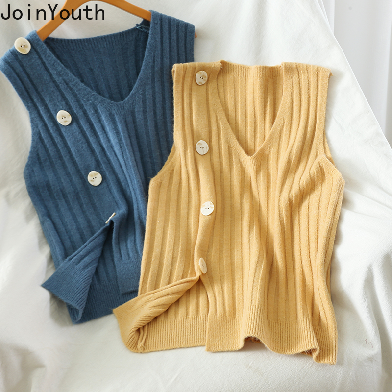 

Joinyouth Women Pullover Vest V-neck Knitwear New Korean Cropped Weater Sleeveless Casual Solid Fashion Crop Tops Ropa Mujer, Blue