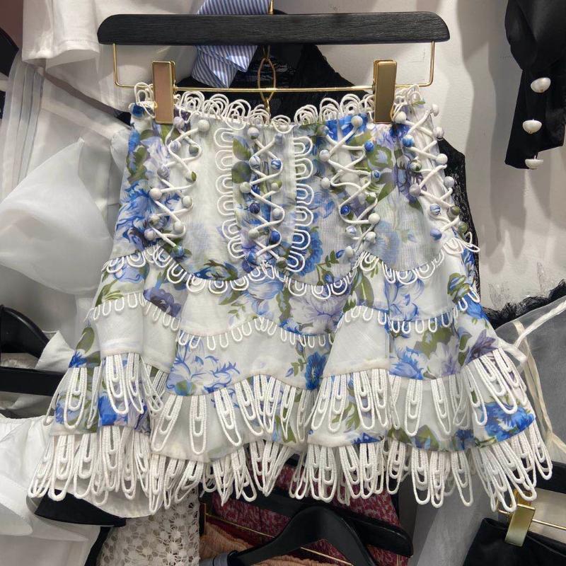 

2020 New Fashion Heavy Industry Cutout Lace Stitching Printing High Waist Floral Skirt Lady Retro Lace-up Short Skirts