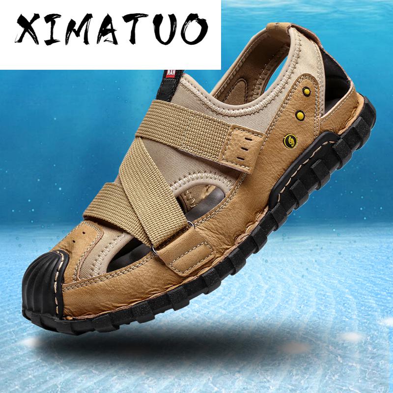 

Men Summer Beach Shoes Leather Hollow Fabric Casual Toe Protect Men's Sandals Outdoor Hiking Footwear Men Flats Big Size, Black