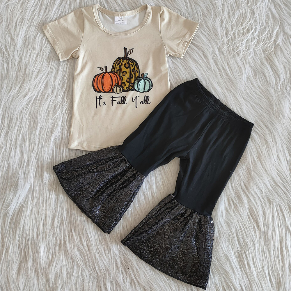 

fashion kids designer clothes girls bell bottom outfits milk silk girls boutique Halloween outfits pumpkin design rts baby girl clothes, Multi