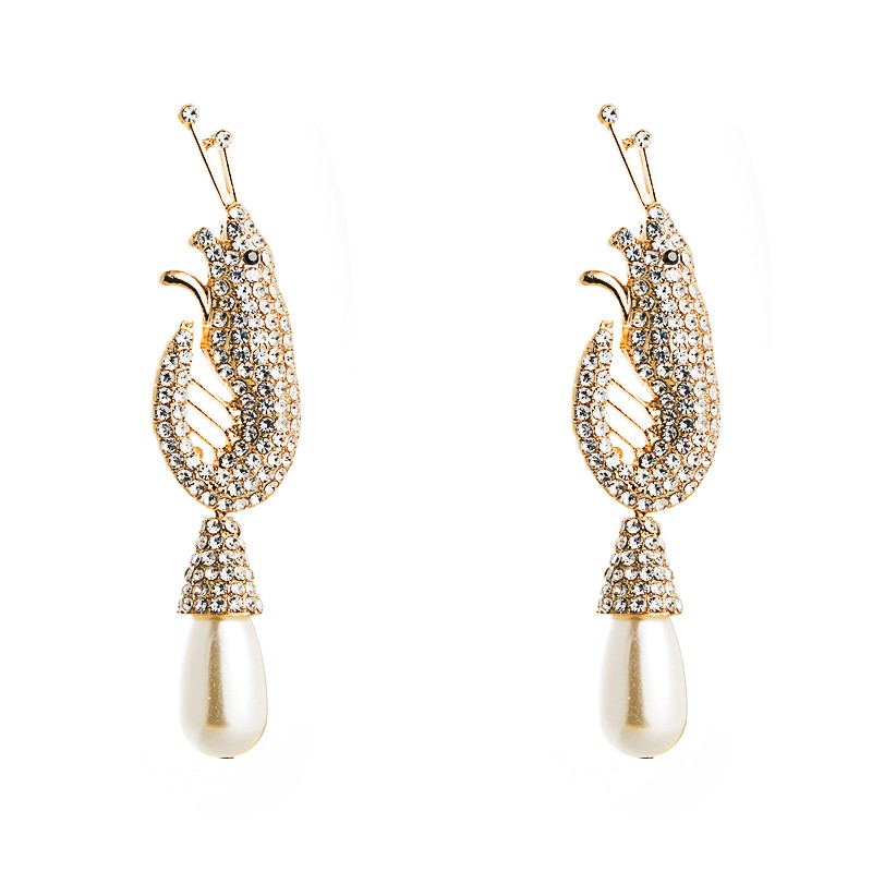 

Vintage Shrimp Statement Dangle Earrings Luxury Rhinestone Simulated Pearl Drop Earrings Elegant Party Ear Jewelry for Woman, Silver