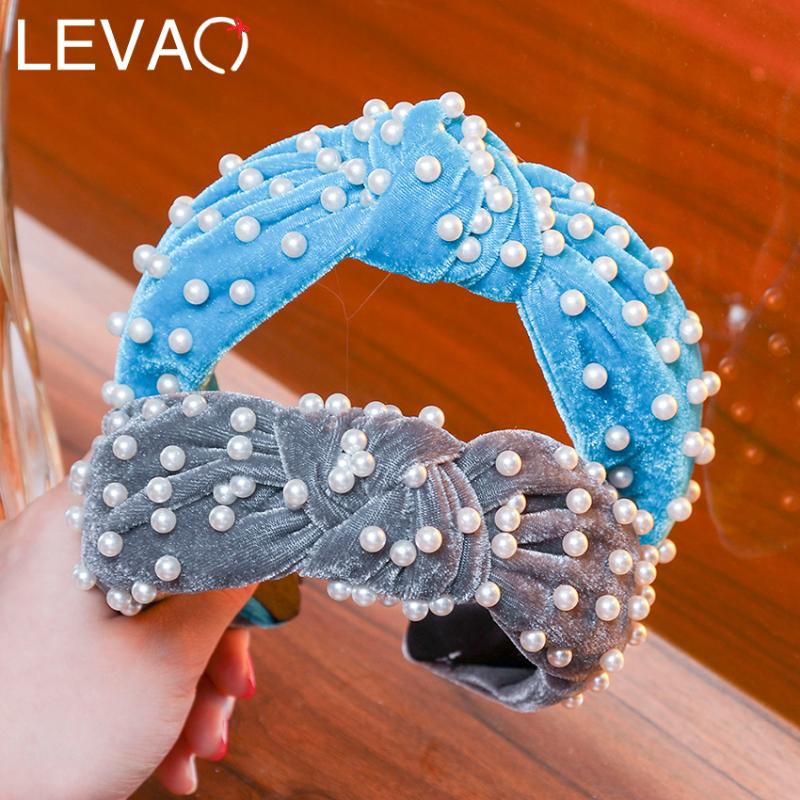 

Levao Simulation Pearls Thick Velvet Headband Crown Large Turban Knotted Hairband Hair Hoop for Women Bezel Hair Accessories