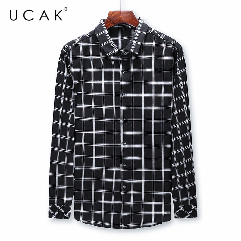 

UCAK Brand Casual Long Sleeve Striped Shirts Men Clothing 2020 Streetwear Turn-down Collar Shirts Homme Autumn Clothes U6081, Black