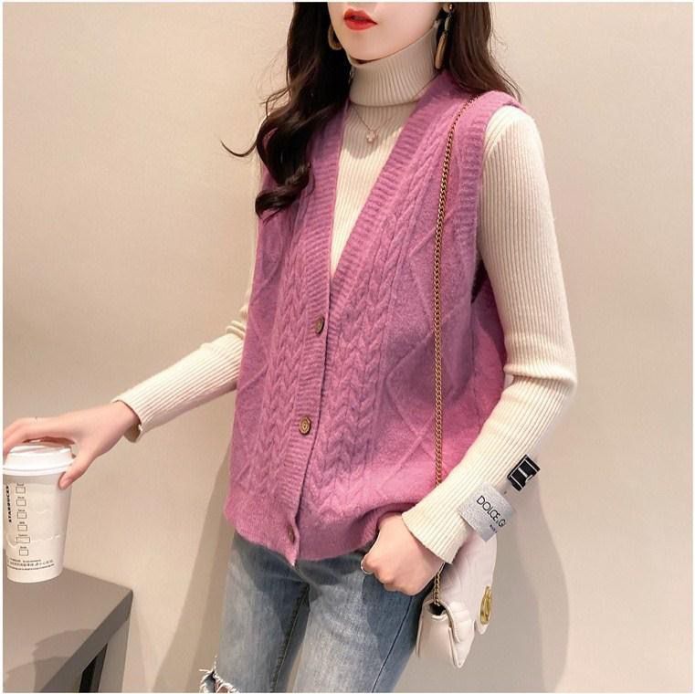 

Women Sweater Vest 2020 Autumn Winter Korean Style Cute Pink Single Breasted V Neck Knit Sleeveless Pullover Waistcoat T517, Beige