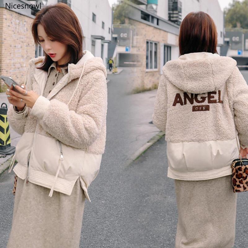 

Autumn Winter Jacket Women Coat New Short Hooded Fluff Fur Patchwork Warm Women Jacket Parkas Winter Coat, Beige