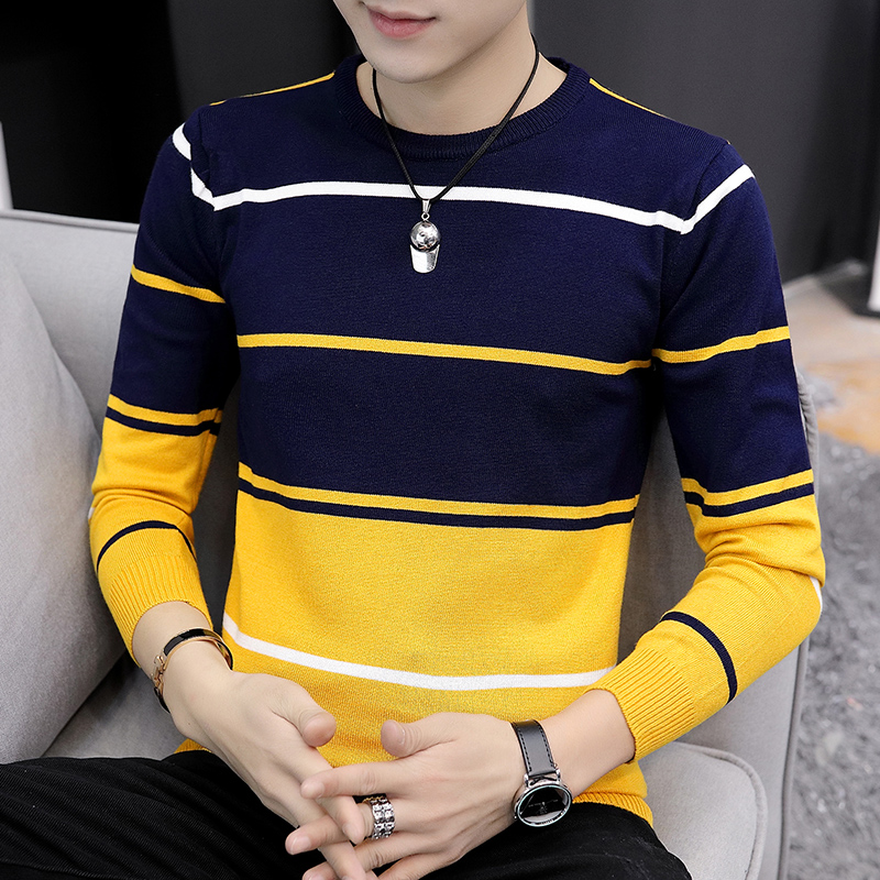

2020 Autumn Men's Casual round Neck Striped Sweater Youth Color Matching Base Thin Sweater