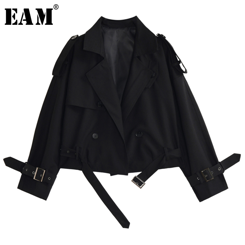 

EAM] Loose Fit Black Brief Stitch Bandage Short Jacket New Lapel Long Sleeve Women Coat Fashion Tide Spring Autumn 2020 1Y397