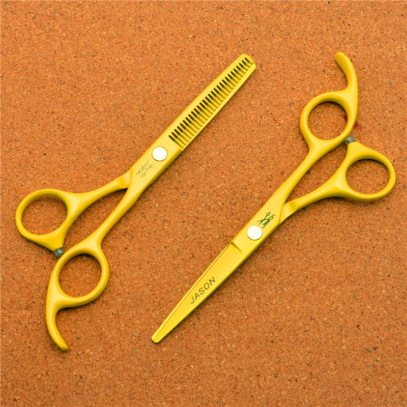 

2Pcs 5.5'' 16cm Brand Jason JP 440C Yellow Professional Human Hair Scissors Hairdressing Cutting Shears +Thinning Scissors J1023