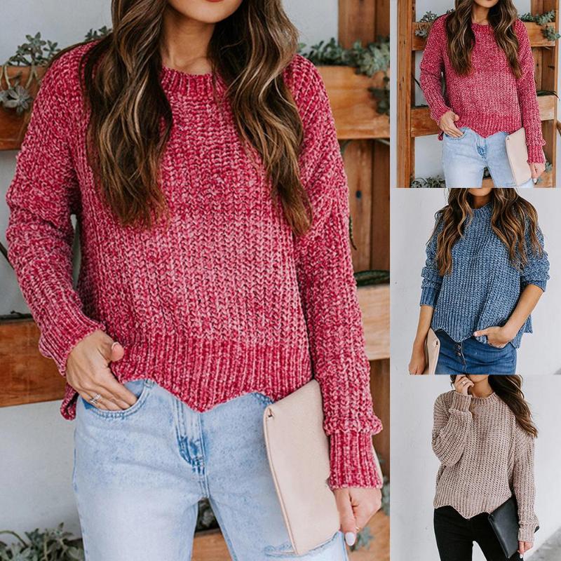 

Womens O Neck Pullover Irregular Hem Solid Sweaters 2020 Fashion Long Sleeves Loose Knit Tops, Blue