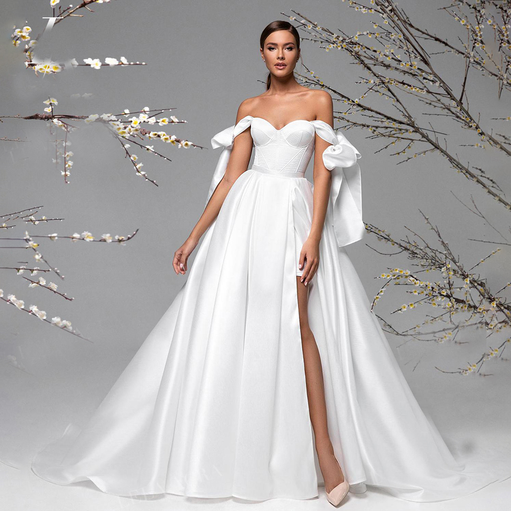 

2021 Fashion Wedding Dresses Off Shoulder High Split Appliques Lace Bridal Gowns Custom Made Sweep Train Plus Size A-Line Wedding Dress, Black