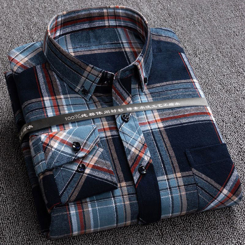 

100% Cotton Men's Flannel Brushed Plaid Shirt Fashion Long Sleeve Youthful Button-down Collar Regular Fit Soft Casual Shirt, 160