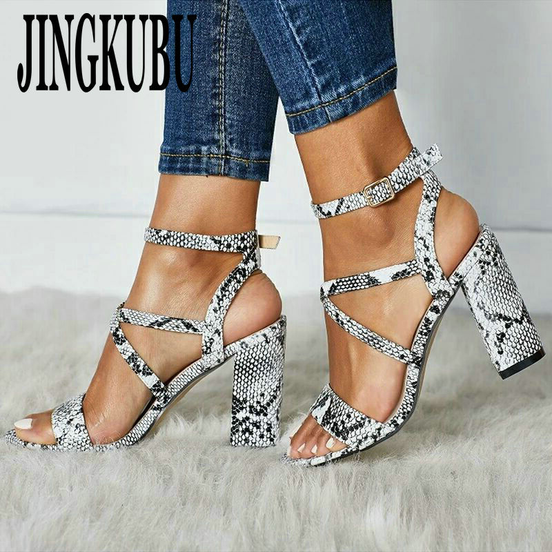 

JINGKUBU Women Summer Sandals Open Toe Snake PU Leather Shoes Woman Zapatos Mujer Ladies Chunky High Heels Pumps Chaussure Femme, Apricot