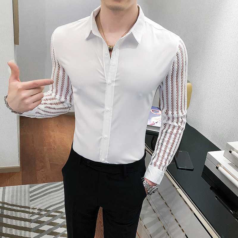 

British Style Autumn Lace Long Sleeve Shirt Men Fashion 2020 Slim Fit Men Casual Shirts All Match Night Club Prom Tuxedo Dress, Black