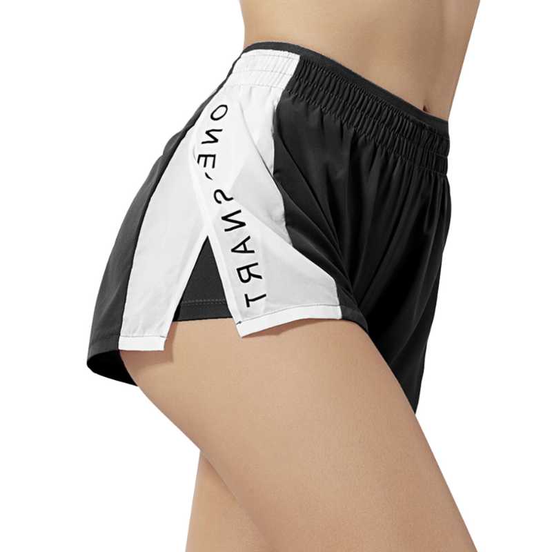 

7307 Letter Print 2 in 1 Sports Shorts for Women Side Slit Running Shorts Women Yoga Run Jogging Training Fitness Bottom, Black