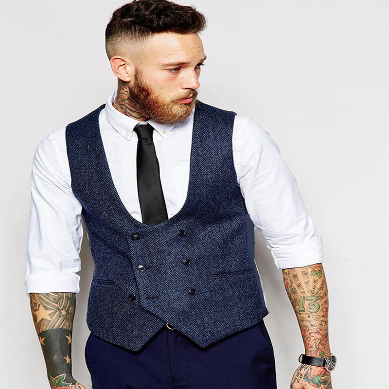 

2020 Navy Blue Double Breasted Tweed Men Waistcoat Fashion Slim Fit Formal Custom Stylish Vest, Same as picture