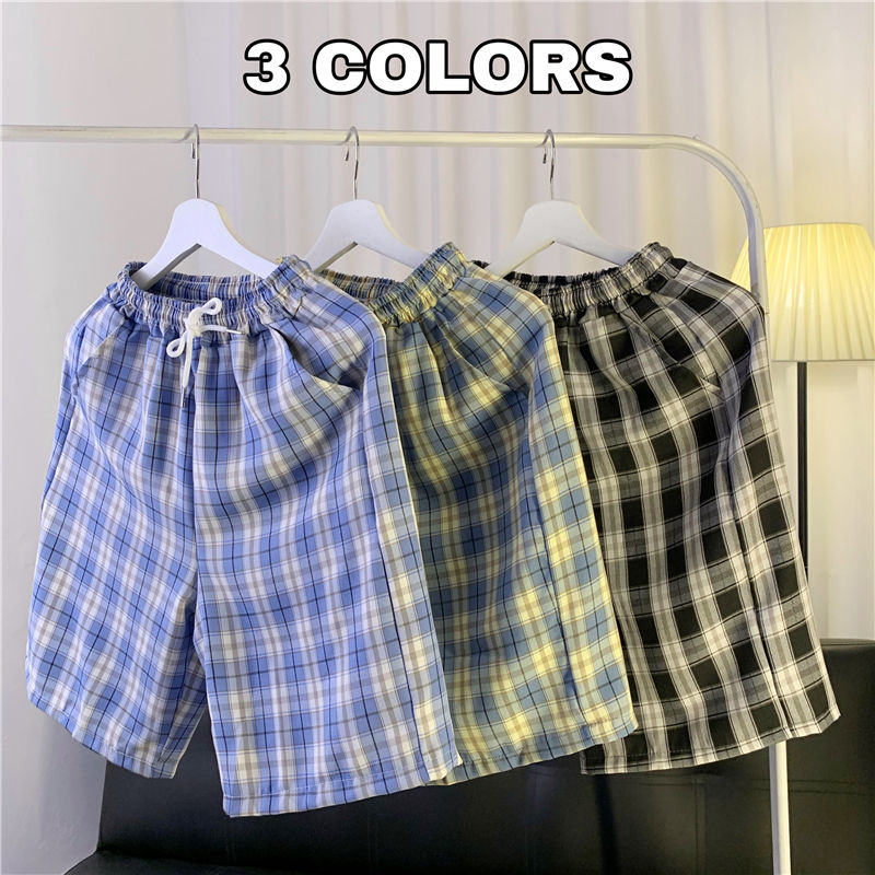 

Summer Plaid Shorts Men's Fashion Retro Drawstring Casual Shorts Men Streetwear Wild Loose Beach Pants Mens -2XL, Black