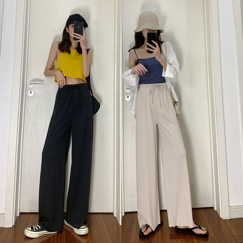

Viscose Fiber Wide-Leg Pants Women's Summer Thin High-Waist Drape Loose Show Thin Black Mop Straight Tube Pendant Suit Pants, As the picture