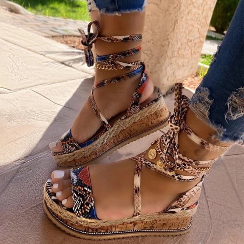 

Women Summer Sandals Snake Print shoes woman Fashion Casual Lace Up Women Shoes Beach Ladies Plus Size Sandals, As pic